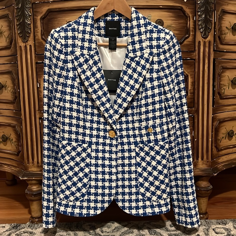 Smythe: Patch Pocket Duchess Blazer With Elbow Patches In Azure Houndstooth